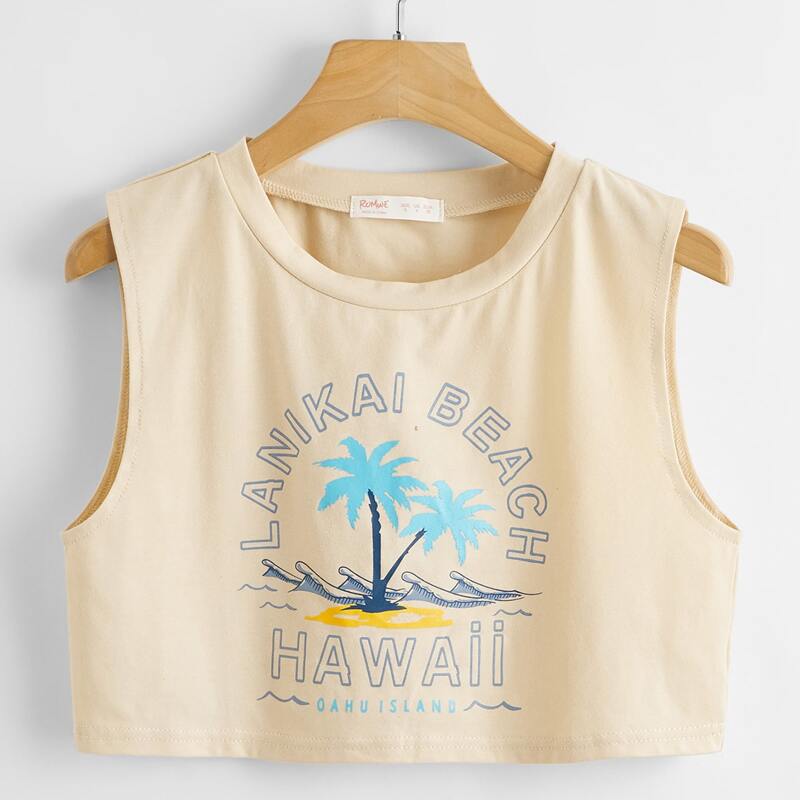 

Letter Tropical Graphic Tank Top, Beige