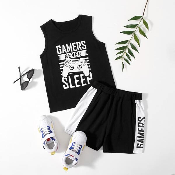 

Boys Letter Graphic Tank Top & Track Shorts, Black