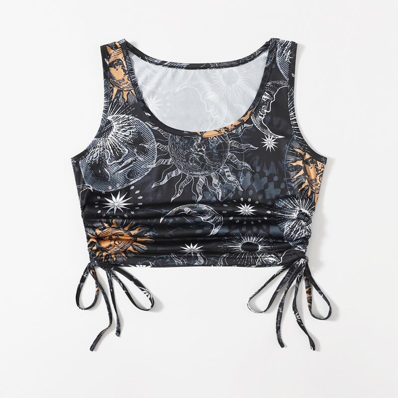 

Sun & Moon Graphic Drawstring Tank Top, Black