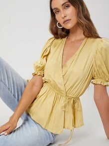 SHEIN Viscose Wrap Peplum Top - Yellow - View 1