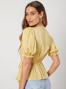 SHEIN Viscose Wrap Peplum Top - Yellow - View 2