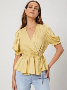 SHEIN Viscose Wrap Peplum Top - Yellow - View 3