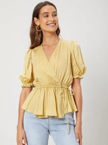 SHEIN Viscose Wrap Peplum Top - Yellow - View 4