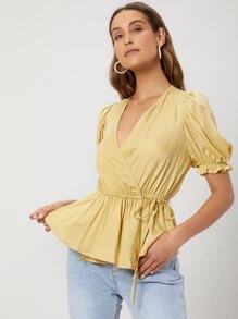 SHEIN Viscose Wrap Peplum Top - Yellow - View 5