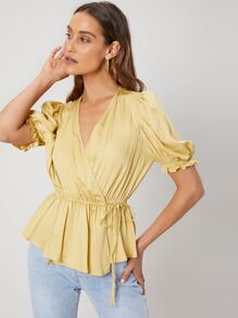 SHEIN Viscose Wrap Peplum Top - Yellow - View 6