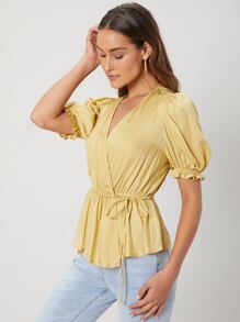 SHEIN Viscose Wrap Peplum Top - Yellow - View 7