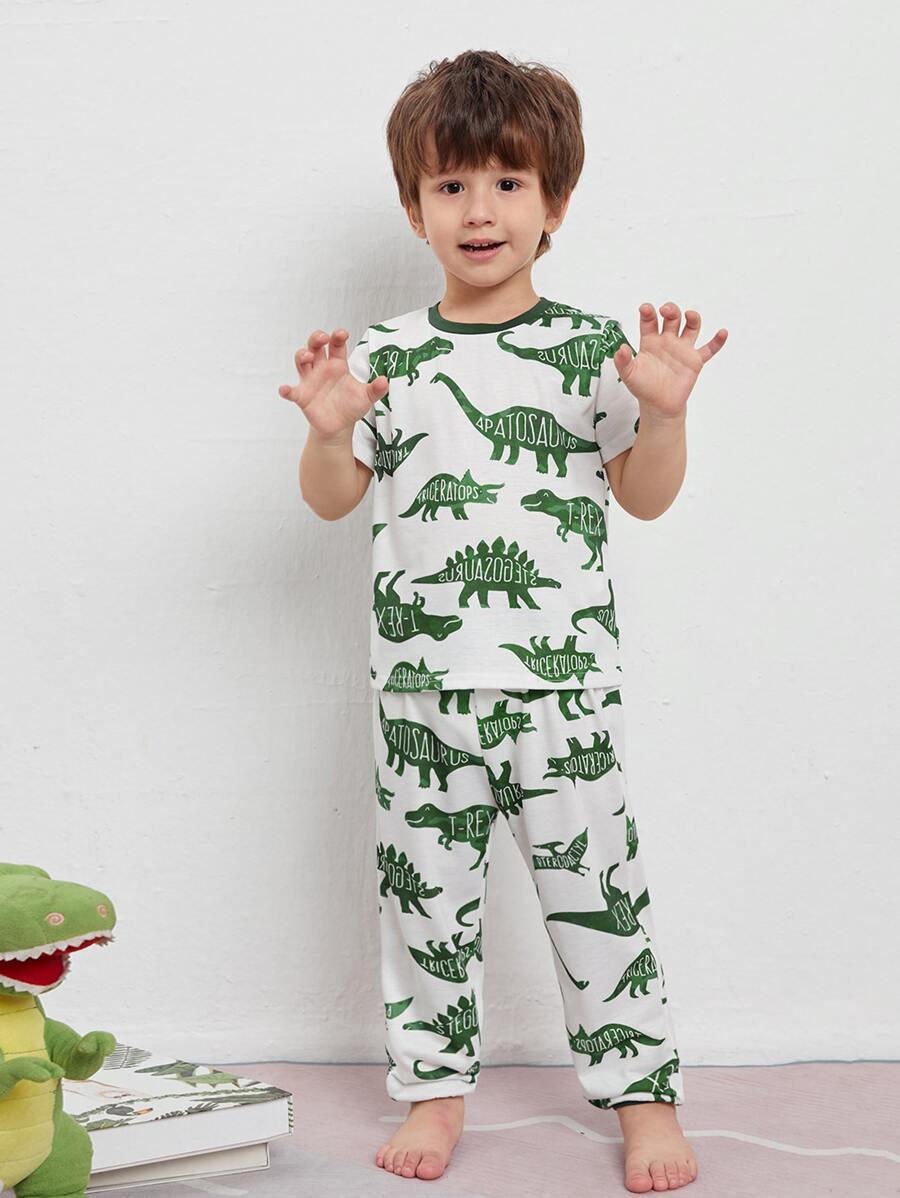 SHEIN 小男童恐龍圖案上衣和褲子睡衣套裝 - 彩色 - 查看 1