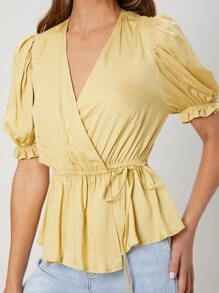 SHEIN Viscose Wrap Peplum Top - Yellow - View 8