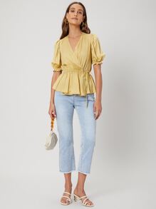 SHEIN Viscose Wrap Peplum Top - Yellow - View 9