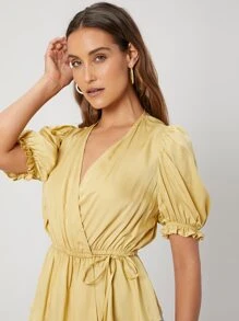 SHEIN Viscose Wrap Peplum Top - Yellow - View 10