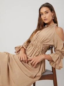 SHEIN VCAY Gathered Flowy Midi Dress - Khaki - View 4