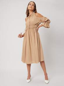 SHEIN VCAY Gathered Flowy Midi Dress - Khaki - View 5