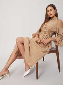 SHEIN VCAY Gathered Flowy Midi Dress - Khaki - View 7