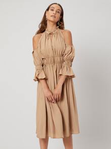 SHEIN VCAY Gathered Flowy Midi Dress - Khaki - View 8