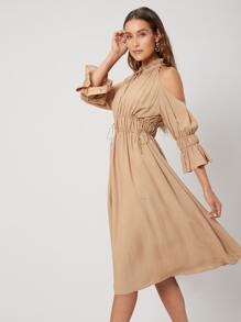 SHEIN VCAY Gathered Flowy Midi Dress - Khaki - View 9