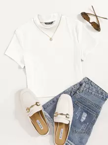 SHEIN Unity Camiseta tejida de canalé de cuello alto - Blanco - Ver 1