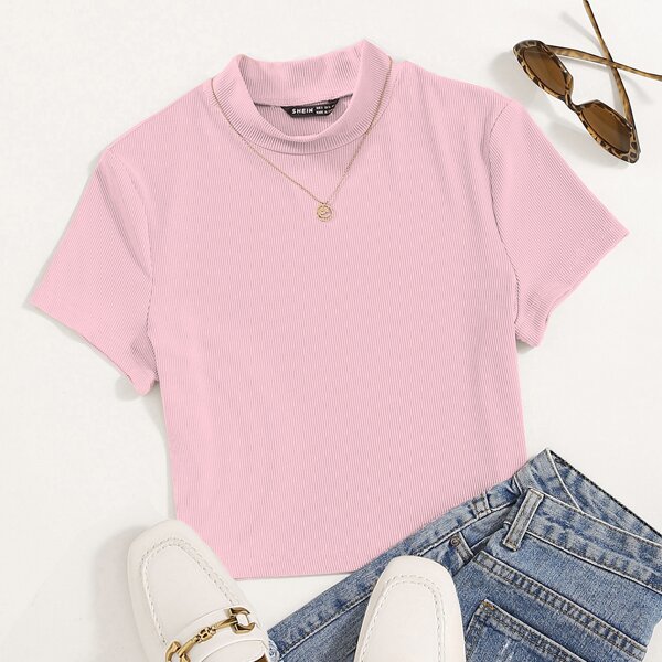 

Mock Neck Rib Knit Tee, Baby pink