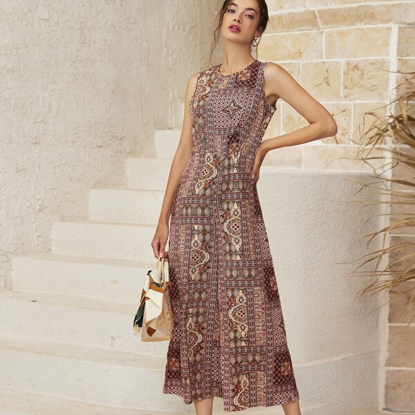 

Geo Print Sleeveless Wide Leg Jumpsuit, Multicolor
