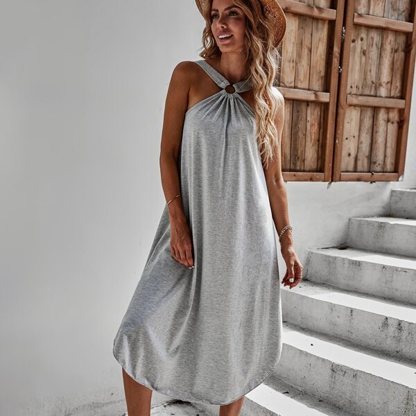 

O-Ring Linked Halter Dress, Grey