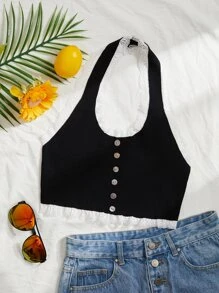 SHEIN Unity Button Front Lace Trim Halterneck Knit Top - Black - View 1