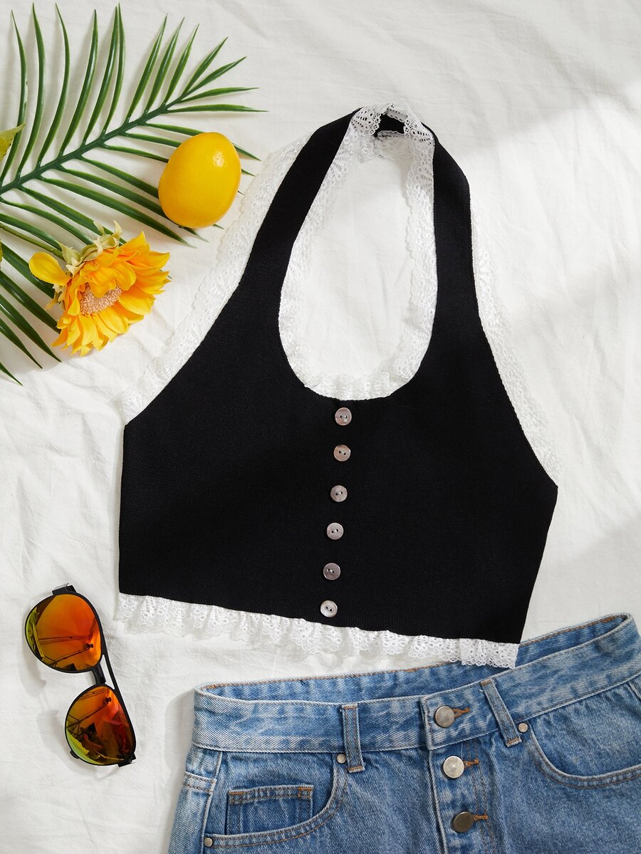 SHEIN Unity Button Front Lace Trim Halterneck Knit Top - Black - View 1
