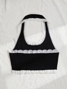 SHEIN Unity Button Front Lace Trim Halterneck Knit Top - Black - View 2