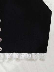 SHEIN Unity Button Front Lace Trim Halterneck Knit Top - Black - View 3