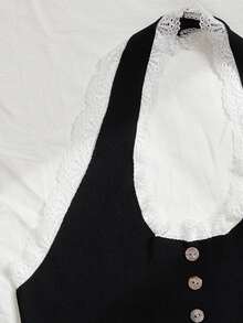 SHEIN Unity Button Front Lace Trim Halterneck Knit Top - Black - View 4