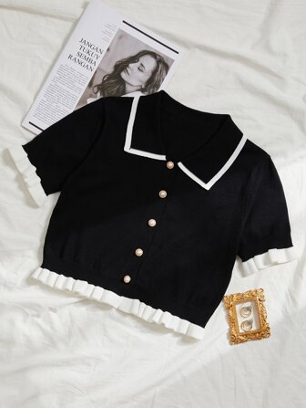 Button Front Contrast Binding Frill Trim Cardigan,Short Sleeve Tops