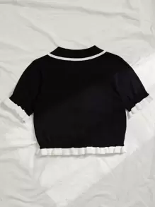 Franclia Button Front Contrast Binding Frill Trim Cardigan,Short Sleeve Tops - Black - View 2