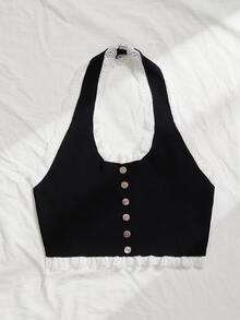 SHEIN Unity Button Front Lace Trim Halterneck Knit Top - Black - View 5