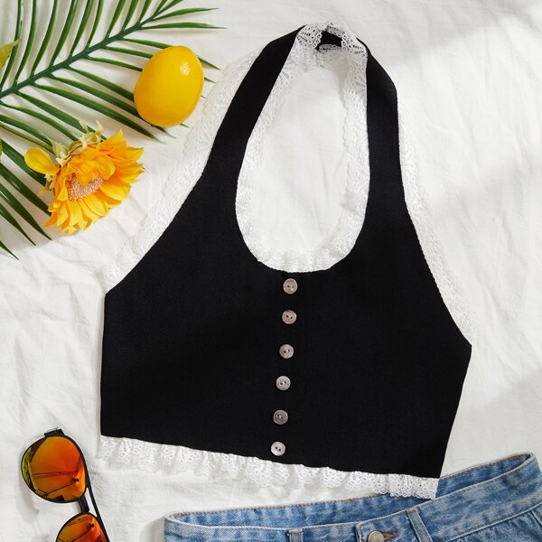 

Button Front Lace Trim Halterneck Knit Top, Black