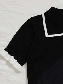 Franclia Button Front Contrast Binding Frill Trim Cardigan,Short Sleeve Tops - Black - View 5