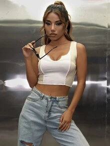 西裝領拼色背心短版上衣