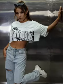 SHEIN Unity Camiseta Con Gráficos De Letras Y Dobladillo Sin Procesar - Blanco - Ver 4