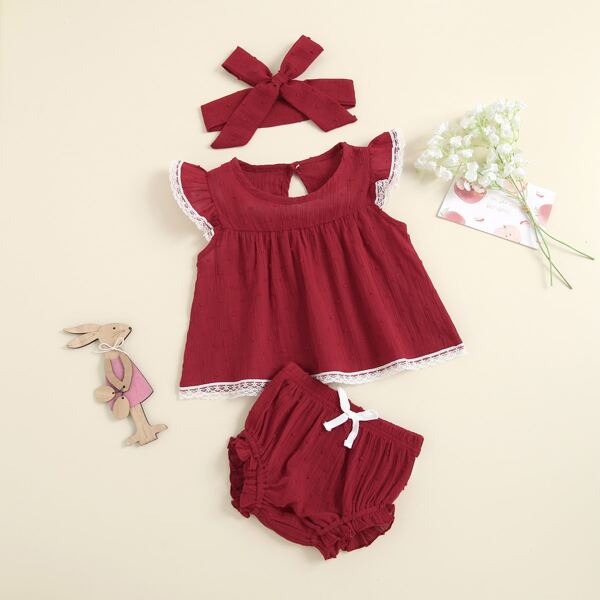 

Baby Girl Lace Insert Blouse & Shorts & Headband, Burgundy