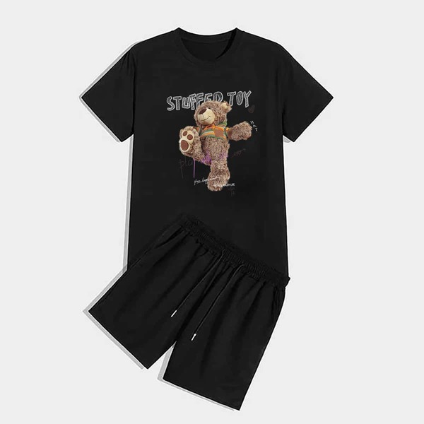

Men Bear Print Tee With Track Shorts, Black