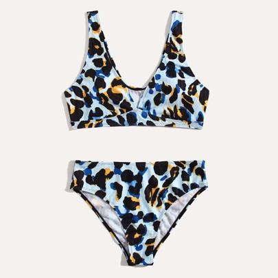 Leopard Print V Neck Bikini Swimsuit