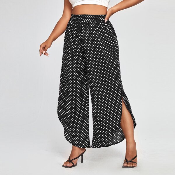 

Plus Polka Dot Split Wide Leg Pants, Black