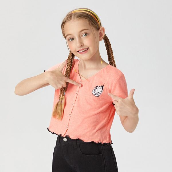 

Girls Lettuce Trim Cartoon Graphic Tee, Coral pink
