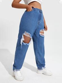Plus High Waist Ripped Roll Hem Jeans - Medium Wash - View 1