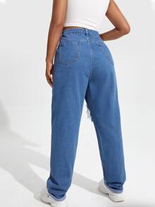Plus High Waist Ripped Roll Hem Jeans - Medium Wash - View 2
