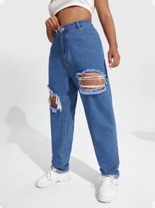 Plus High Waist Ripped Roll Hem Jeans - Medium Wash - View 3