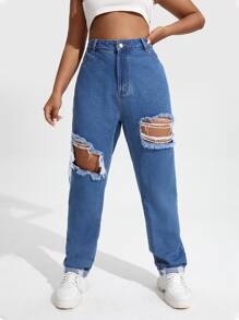 Plus High Waist Ripped Roll Hem Jeans - Medium Wash - View 4