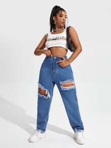 Plus High Waist Ripped Roll Hem Jeans - Medium Wash - View 5