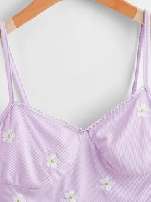 休閒刺綉 羅紋針織花卉印花女士背心 - 紫丁香色 - 查看 4