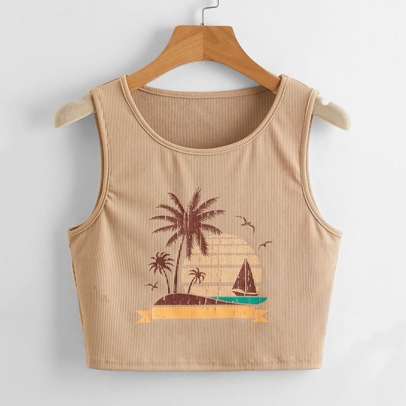 

Tropical Graphic Ribbed Tank Top, Camel