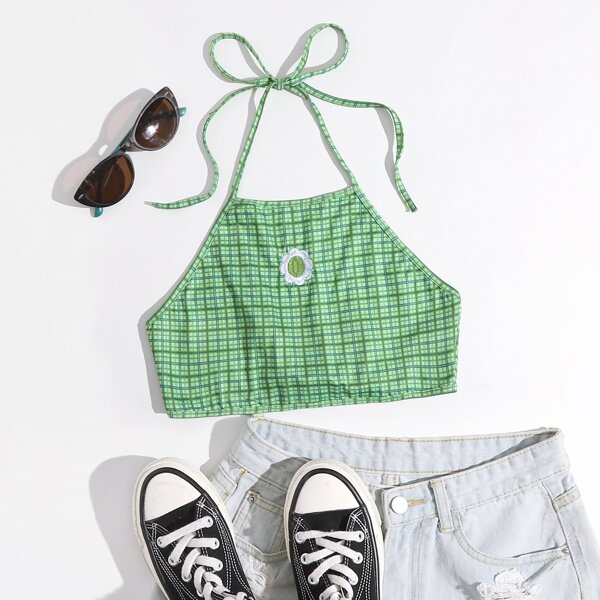 

Tie Backless Embroidery Detail Plaid Crop Halter Top, Green