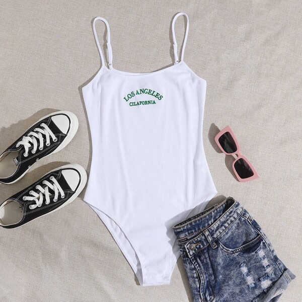 

Letter Embroidered Cami Bodysuit, White