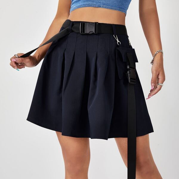 

Flap Pocket Buckle Belted Pleated Skirt, Navy blue